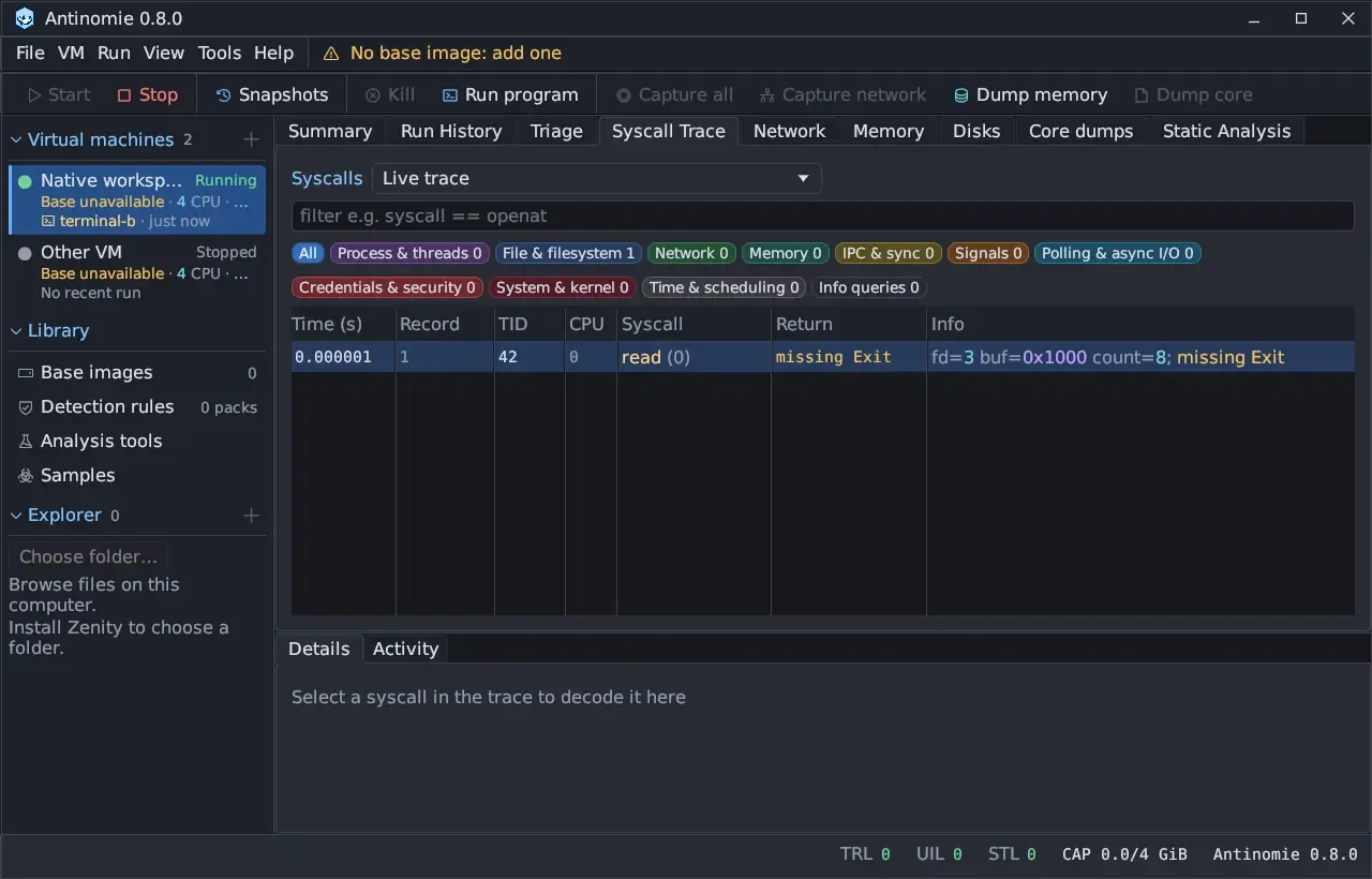 The main window on the Syscall Trace's Live trace with one row: time 0.000001, record 1, TID 42, CPU 0, read (0) with missing Exit, and Info fd=3 buf=0x1000 count=8; missing Exit.